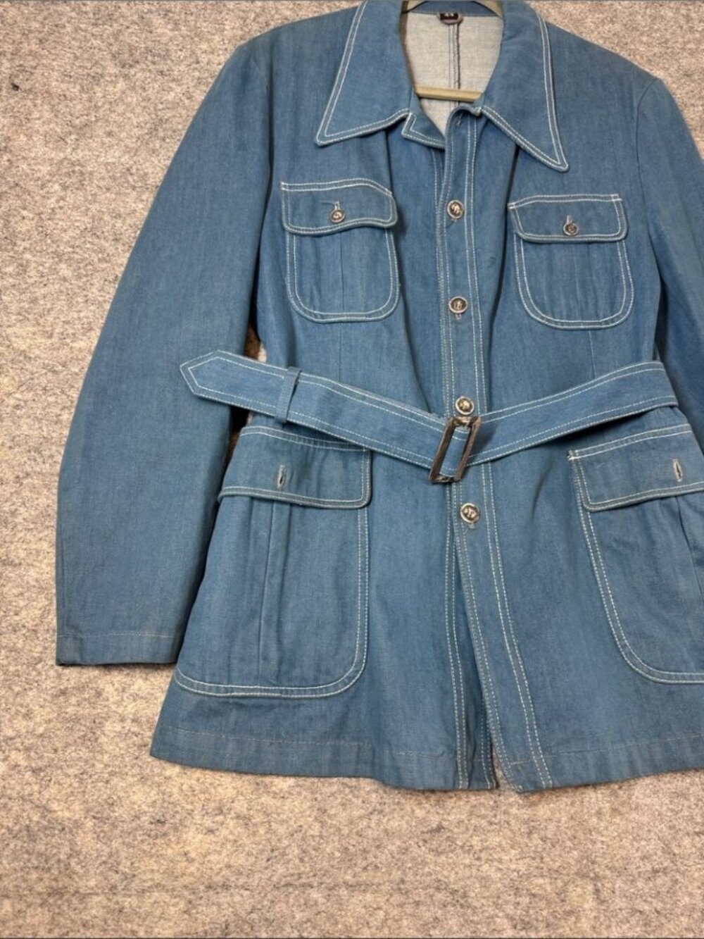 Vintage Belted Denim Jacket Blue Size 44 Mod Retro Utility Blazer Shacket Unisex - Picture 4 of 15